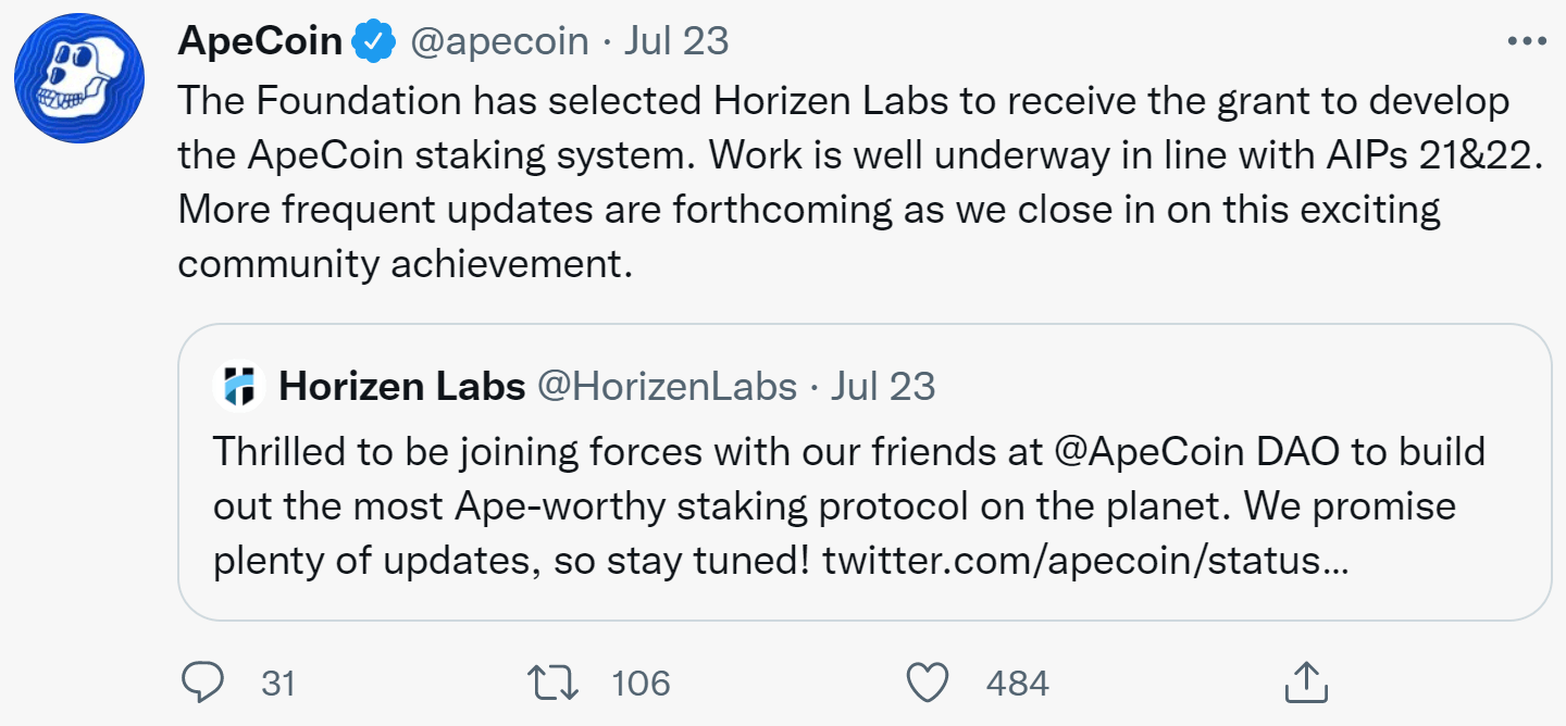 ApeCoin 选择 ZEN 来开发质押平台